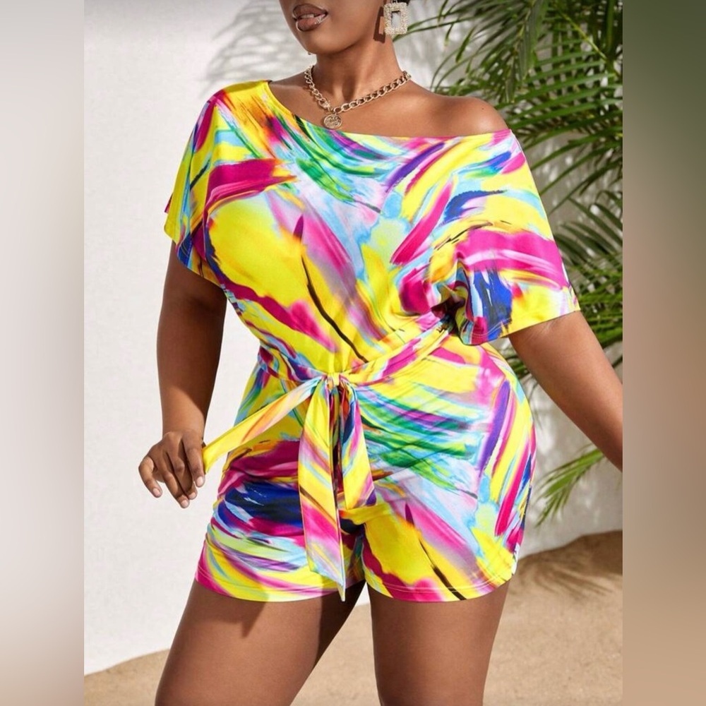 Pre-Loved Plus Size Tie-Waist Short Romper in Neon Swirl - Picture 2 of 5
